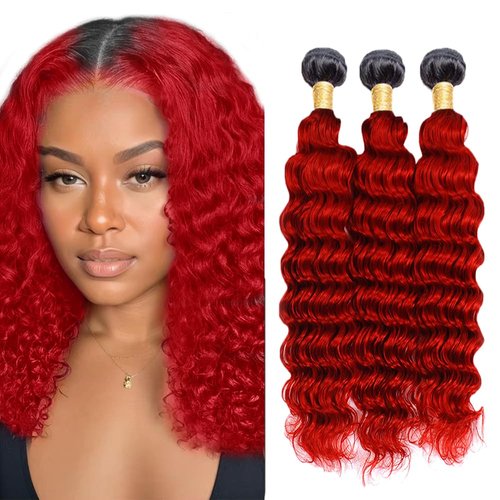 12 14 16 inch Red Human Hair Bundles 1B/Red Deep Wave 3 Bundles Brazilian Unprocessed Remy Hair Ombre Red Bundle 300g