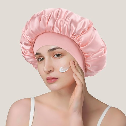 Silk Satin Bonnet for Sleeping Women，Double Layer Silk Satin Sleep Cap with Elastic Band for Natural Curly Hair(1PCS,Pink)