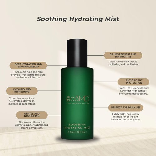 EcoMD Soothing Hydrating Mist, 4 fl oz, Natural Facial Spray with Hyaluronic Acid, Aloe, Green Tea for Sensitive Skin