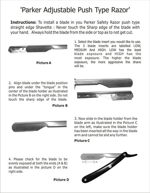 Parker PTABK Adjustable Stainless-Steel Barber Razor | 3 Blade Exposures (Low/Medium/High) | Straight Shavette with 5 Premium Platinum Refills | Black Stainless Steel Handle
