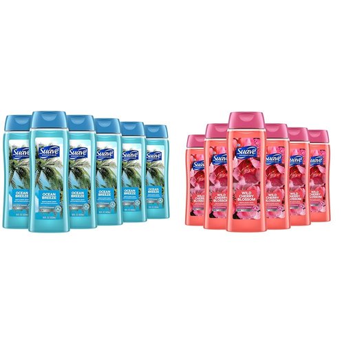 Suave Moisturizing Body Wash, with Ocean Breeze Scent and Vitamin E Extract & Moisturizing Body Wash, with Wild Cherry Blossom and Vitamin E Extract, No Parabens, No Phtahaltes