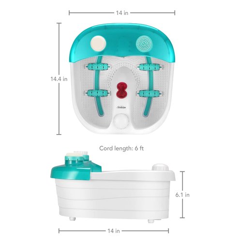 Sunbeam Deep Reservoir Aqua Therapy Foot Spa Foot Bath with Heat, Bubbles, Massage Rollers with Exfoliating Brush and Pumice Stone Pedicure Attachments, Extra Long Basin