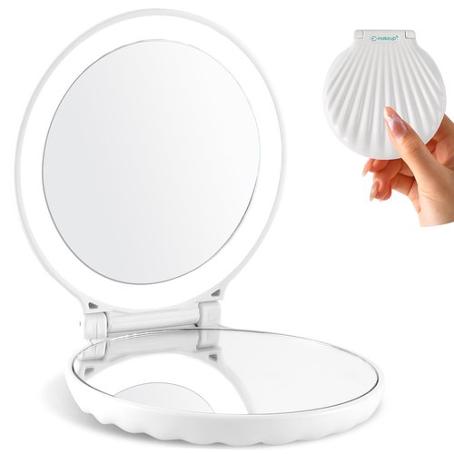 Makefango Compact Makeup Mirror with Lights - 3.5" Portable, 2-Sided, Lightweight & Shatterproof, Folding Magnifying Mirror 2X/10X, for Women