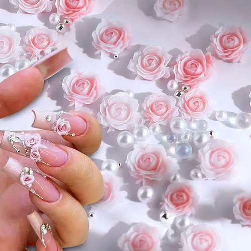 3D Pink Rose Flower Nail Charms Flower Nail Art Charms Nail Pearls Flower Charms for Nails Design Nail Flowers Rose Nail Charm Floral Nail Jewels for Nail Art Rhinestones for Nails Charms Nail Decor