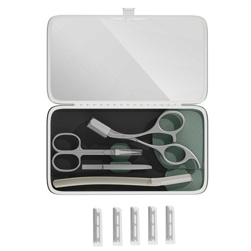 Glamne Eyebrow Trimmer Kit Scissors Tweezers Razor Facial Shaver Grooming Set with Mirror Travel Cases