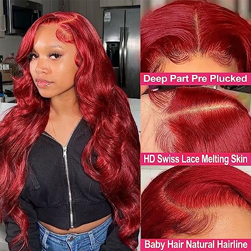 MUPRETTY 26Inch Body Wave Lace Front Wig - Burgundy, 13x4, 180% Density HD Lace Human Hair Wig for Women