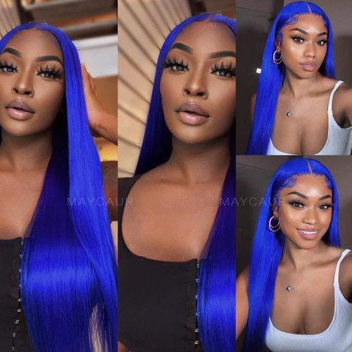 Maycaur 30 Inch Blue Lace Front Wigs for WomenPre-plucked Hairline Long Straight Navy Blue Hair Heat Resistant Fiber Glueless Synthetic Lace Front Wigs for Daily Party Cosplay Use