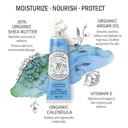 La Chatelaine 20% Shea Butter Hand Cream, Travel Size, Organic Argan Oil, Moisturizing, Nourishing, Repairing, Extra Rich, Non-Greasy, Made in France, Paraben Free, 1 oz/ 30ml - Amber Cashmere
