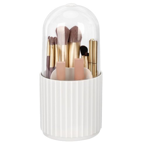 JessLab Makeup Brush Holder Organizer with Lid, 360 Degree Rotatable Makeup Brush Organizer Spinning Cosmetics Holders Brush Storage Box Display for Bathroom Vanity Countertop, White
