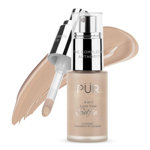 PÜR MINERALS 4-in-1 Love Your Selfie Longwear Foundation and Concealer - Unique, Dual-Applicator Component - Covers Blemishes and Imperfection - Reduce Fine Lines and Wrinkles - MN5 - 1 oz Makeup