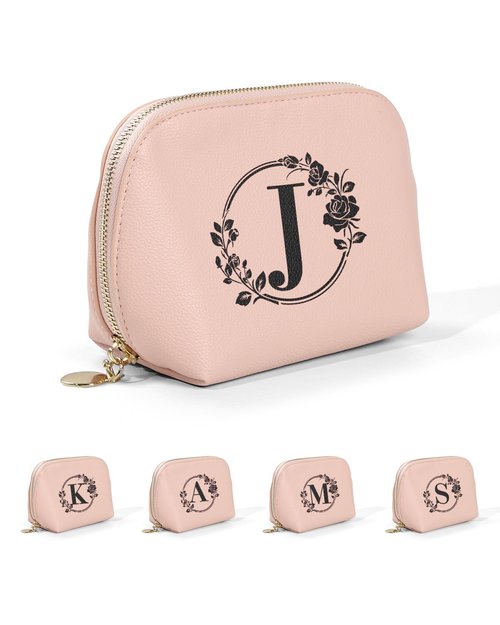GiftPeak Travel Makeup Bag, Small Capacity Cosmetic Bags for Women Girls, Leather Zipper Waterproof Portable Pouch Open Flat Toiletry Bag, Birthday Gift For Daughter, Preppy Things For Girls (Pink J)