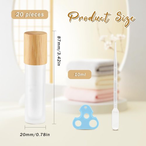 DynnnDy 20 Pcs 10ml White Frosted Glass Essential Oil Roller Bottles with Bamboo Lid Refillable Deodorant Containers with Stainless Steel Roller Balls Roll-on Bottles for Perfume Lip Gloss