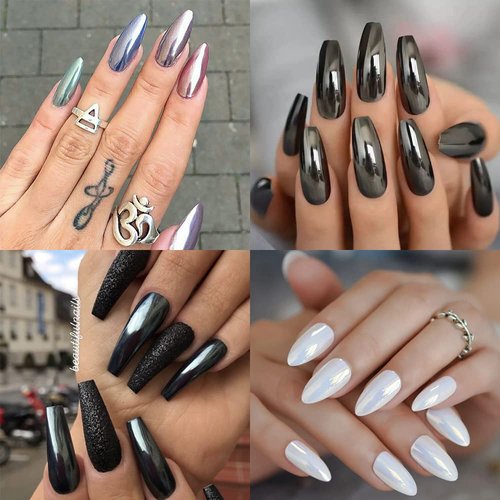 BPrettier Nail Chrome Pearl White & Black Chrome Nail Powders - 4 Jar Mermaid Glitter Art Mirror Effect Shimmery Aurora Powder for Women and Girls