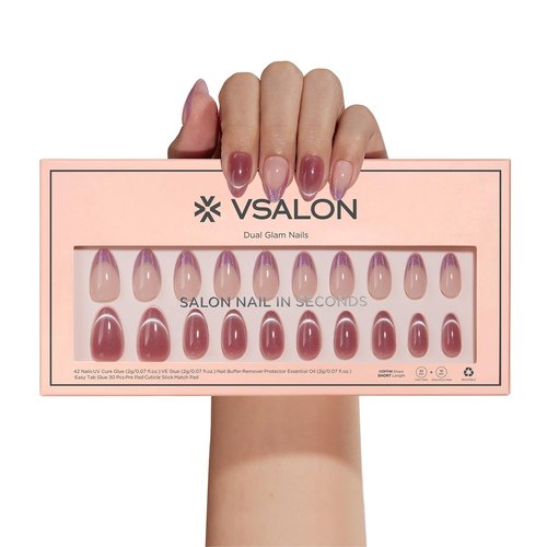 VSALON Short Almond Press-On Nails, 42 Count (Pack of 1), French Tip & Cat Eye, Cream Finish, Plastic, 16 Sizes & 10 Alternative Nails, UV Glue, Easy Tabs, Remover (Rose Sweetheart)