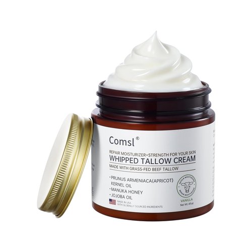 comsl Whipped Tallow Honey Cream with Grass-Fed Beef Tallow & Raw Honey, Face & Body Moisturizer, for Dry, Sensitive Skin, Eczema, Rosacea,US- Made,FL.4oz(Unscented)