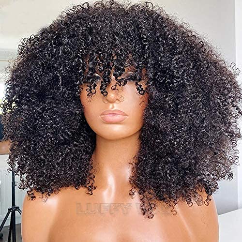 Afro Kinky Curly Wig With Bangs Full Machine Made Scalp Top Wig 200 Density Brazilian Short Curly Human Hair Wigs Natural Color 18 Inch