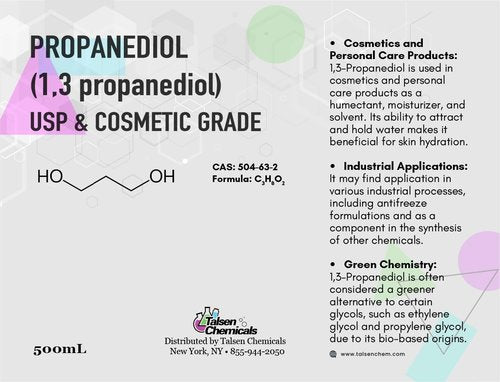 Talsen Chemicals Propanediol PDO Liquid 1,3 (500 mL / 16.9 Ounce) Propanediol 1,3 Cosmetic and USP Grade