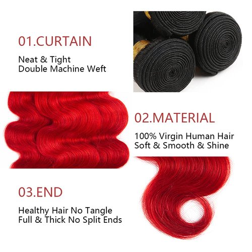 Red Body Wave Bundles Ombre Human Hair Bundle Tow Tone Black To Red Bundles 100% Unprocessed Virgin Hair Extensions 10 12 14 Inch