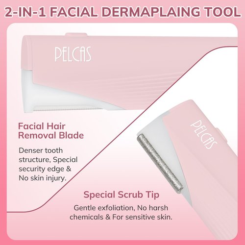 PELCAS Electric Dermaplaning Tool Kit for Women Face with LED Light, Facial Mini Dermaplaning Razor with 6 Blades, 3 Speeds 2 in 1 Facial Peach Fuzz Hair & Exfoliation Removal System at Home BV18-712