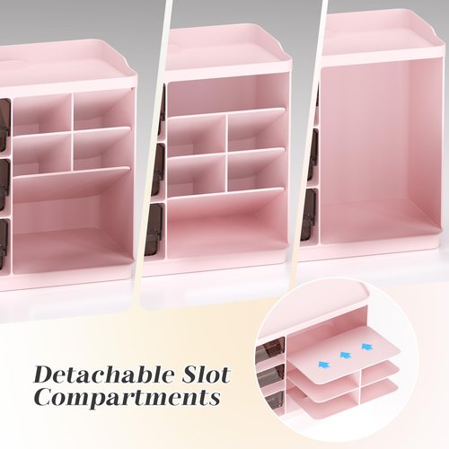 REAXYZNN Makeup Organizer with Drawers, Multi-Function Vanity Organizer Countertop, Stackable Lipstick Organizer for Makeup Brush Skincare, Pink