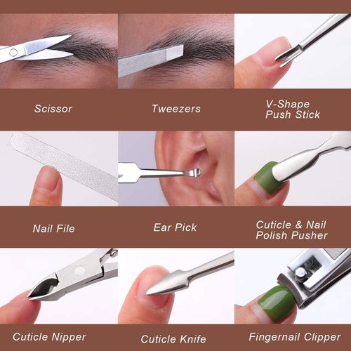 FAMILIFE F03 Manicure Set, Pedicure Kit Nail Clipper Set 13pcs Professional Men Grooming Kit and 11 in 1 Stainless Steel Pedicure Tools Kit Grooming Kit with Portable Brown Leather Travel Case