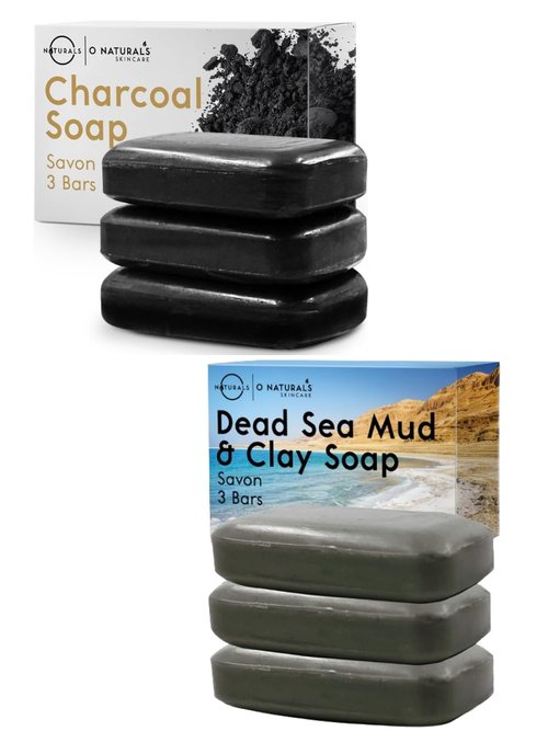O NATURALS Detoxifying Charcoal Bar Soap & Psoriasis Dead Sea Mud and Clay Soap Bundle. Natural Bar Soap Face Body Cleanser Helps Acne Eczema Exfoliate Dead Skin. Two 3 Packs, 4oz Each Bar of Soap.