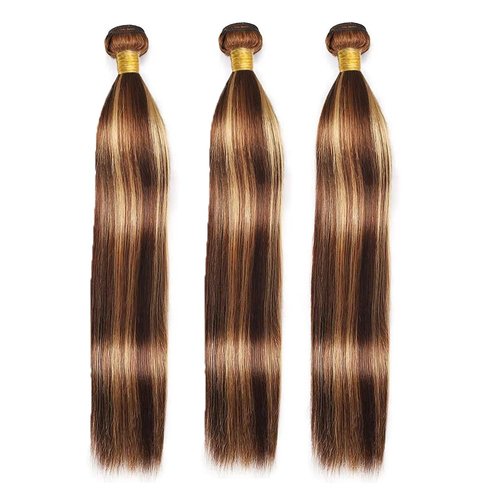 P33/27 Highlight Blonde Bundles Human Hair Straight Bundles 18 20 22 Inch 3 Bundle Unprocessed Brazilian Virgin Hair Reddish Brown Straight Human Hair Extensions 50 Gram Per Bundle