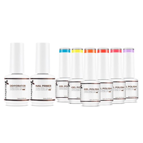 Nicedeco Gel Nail Polish Nail Set 6 Colors Neon Pink Blue Yellow Purple Nail Polish, Nail Primer Nail Dehydrator 2 x 15ml Nail Prep