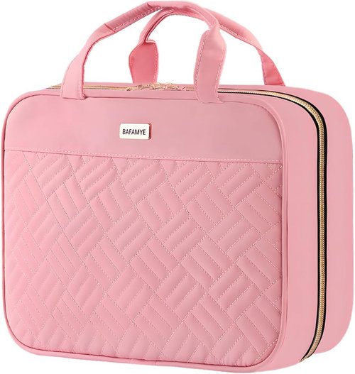 BAFAMYE Toiletry Bag Travel Bag with Hanging Hook, Water-Resistant Makeup Cosmetic Bag Organizer for Accessories, Full-Size Shampoo and Toiletries, Large, Light Pink, BAF-019