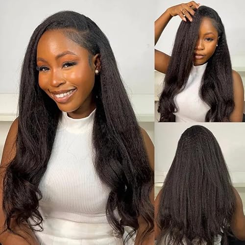 OQ Hair Kinky Straight Half Wig Human Hair Adjustable Drawstring 180% Density 3 In 1 Beginner Friendly Glueless Wear and Go Half Human Hair Wig for Women 20 Inch