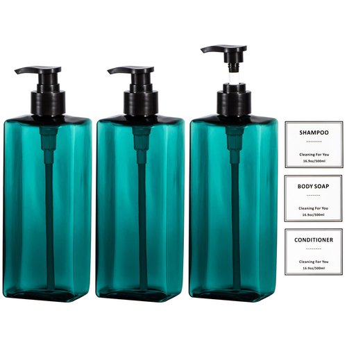 Plastic Shampoo and Conditioner Dispenser, Yeeco Refillable Pump Bottles Blue Shampoo Dispenser 16.9oz/500ml Shampoo Bottles with Pump 3 Packs for Bathroom, Kitchen, Hotel - Lake Blue