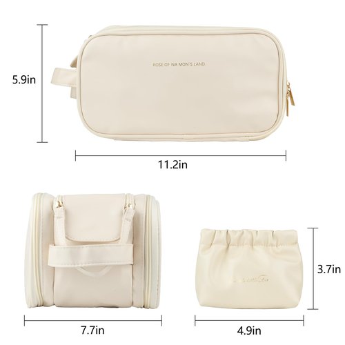 KEYPOWER Travel Makeup Bag Toiletry Bag Large Capacity Cosmetic Portable Waterproof Large Opening Vertical Free-Standing & Small Clutch for Women (White)