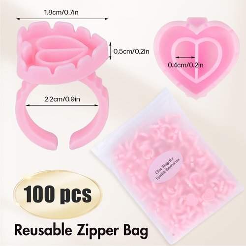 Embagol 100 PCS Glue Rings for Eyelash Extensions Disposable Lovely Heart Blossom Cups Makeup Plastic Nail Art Supplies - Pink
