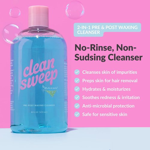 Relax and Wax Clean Sweep 2-in-1 Pre & Post Waxing Cleanser – No-Rinse, Anti-microbial & Moisturizing Formula – Removes Oil, Dirt & Makeup – Soothes & Preps Skin for Effective Waxing– 16oz