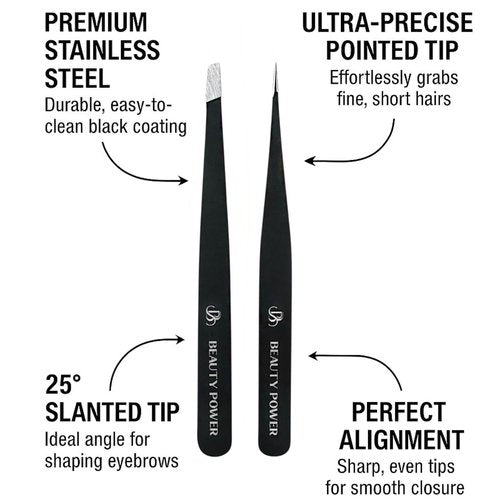 Beauty Power Precision Tweezers for Women Facial Hair & Men - Professional Tweezers Set with Slant & Point Tips, German Stainless Steel, PU Leather Travel Case, Lightweight & Ultra Precision Black
