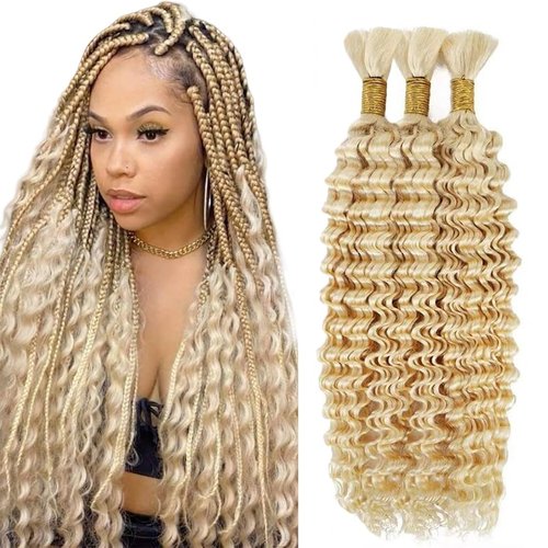 22 22 22 Inch #613 Honey Blonde Human Braiding Hair for Boho Braids 150g Deep Wave Bulk Human Hair Knotless Boho Braiding Deep Curly Virgin No Weft Extensions Bohemian Braids 3 Bundles/Pack Caramel