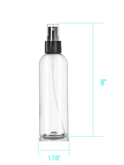 ljdeals 8 oz Clear Plastic Spray Bottles, Black Fine Mist Sprayer, Refillable Empty Bottles for Essential oils, Perfumes, Travel. Pack of 6, Made in USA