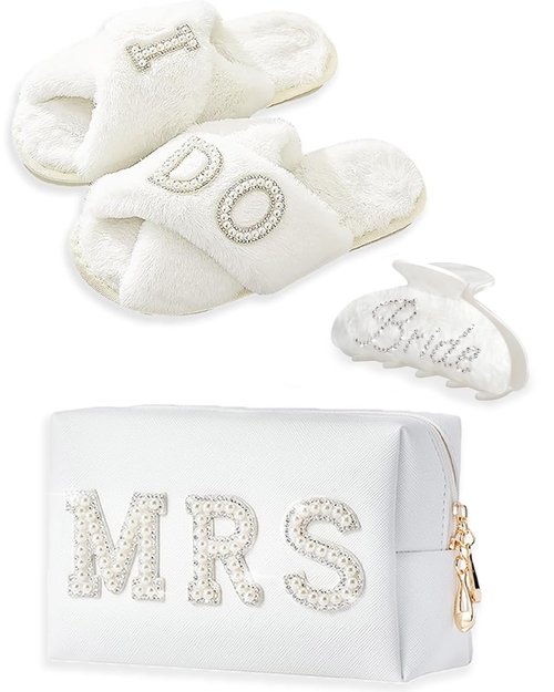 VivaJoy Bride To Be Gifts - Bridal Shower Gifts & Wedding Gifts for Bride - Gift Set: Makeup Bag, Slippers, Hair Clip - Perfect Bride Gifts