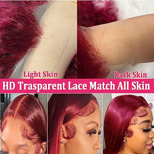 MUPRETTY 26Inch Body Wave Lace Front Wig - Burgundy, 13x4, 180% Density HD Lace Human Hair Wig for Women