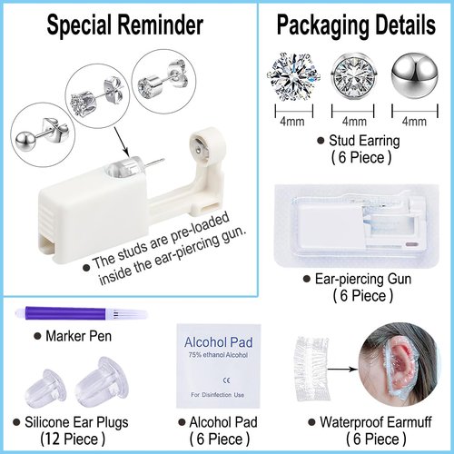 VitaCool Ear Piercing Kit Disposable Ear Cartilage Piercing Gun Kit with Sterile Multi-Sized CZ Studs Easy and Safe Earring Self for Yourself Use at Home (Style D-4mm-3Mix-S)