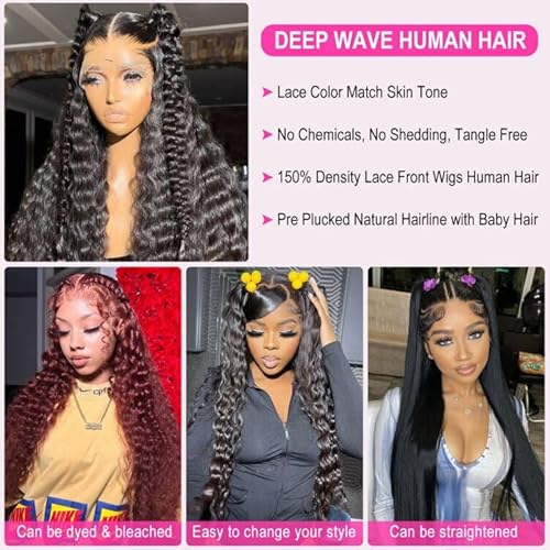 13x6 Deep Wave Lace Front Wigs Human Hair Pre Plucked Deep Curly HD Lace Frontal Wigs Human Hair 180 Density Lace Frontal Wigs for Women Glueless Wigs 26 Inch