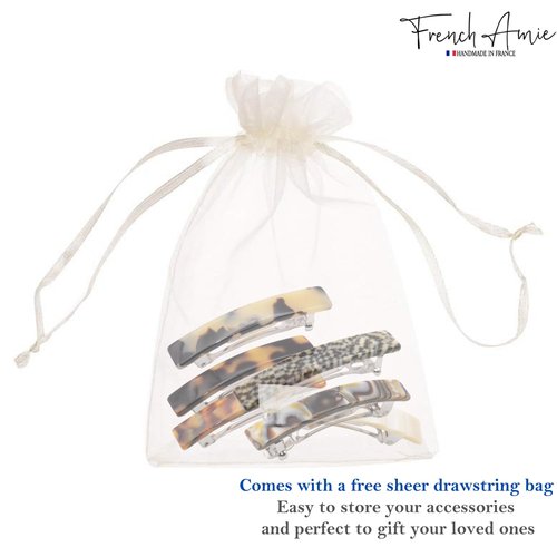 French Amie Bar Mini Set of 6 Celluloid Acetate Onyx Silver Grey Opera Ivory Tokyo White Tokyo Amber Brown Handmade Small Hair Clip Barrette for Women (2.5 inch)
