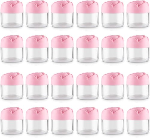 RONRONS 24 Pack Pink Rose Flower Shaped Empty Cream Jars, Clear Leak-Proof Plastic Cosmetic Containers with Lids for Makeup, Nail Polish, Bulk Wholesale for Small Business