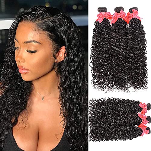 10A Water Wave Bundles with Closure (26 28 30+20) Wet and Wavy Brazilian Virgin Human Hair 3 Bundles with 4x4 Lace Closure with Baby Hair Free Part 1B# Curly Wave Human Hair Extensions
