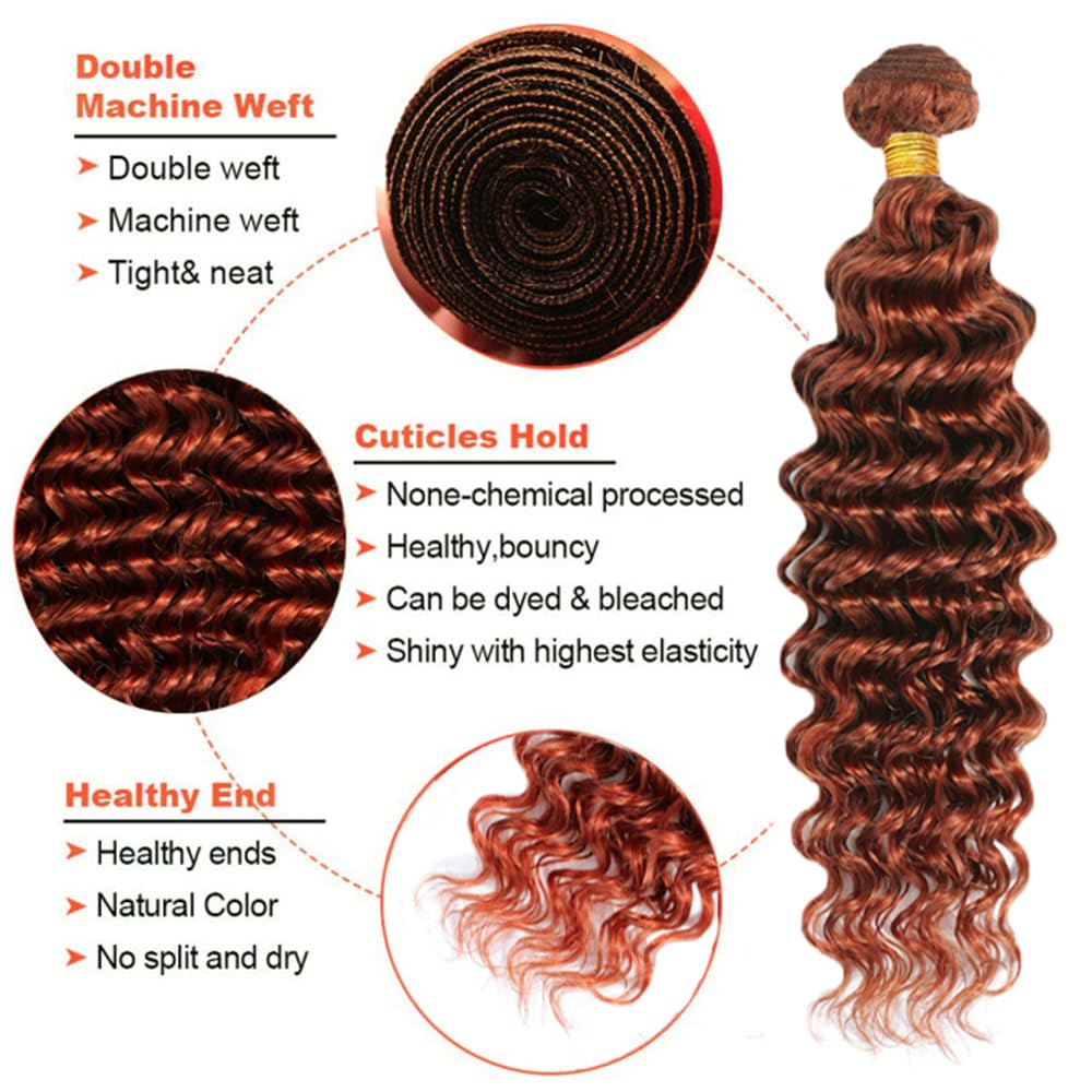 #33 Reddish Brown Bundles Human Hair Deep Wave Bundles 16 18 20 Inch Unprocessed Brazilian Virgin Hair Copper Red Deep Wave 3 Bundle Human Hair Extensions 50 Gram Per Bundle