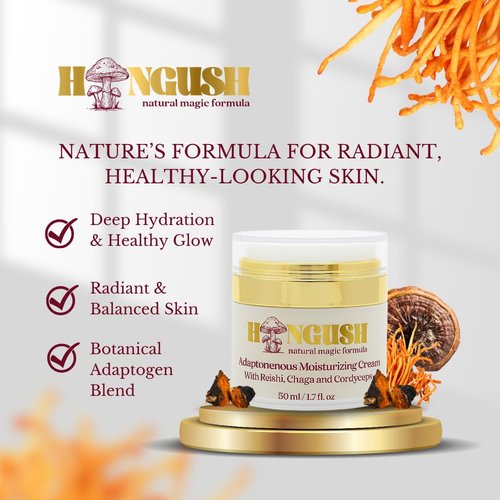 HONGUSH Hydrating Facial Cream with Three Types of Adaptogenic Mushrooms Extracts – For All Skin Types, 50ml