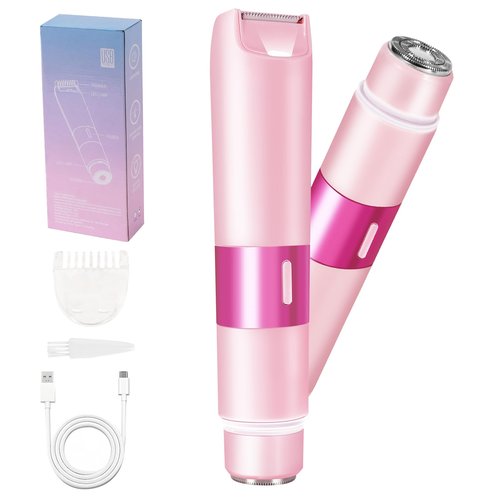 Bikini Trimmer for Women, 2 in 1 Electric Razor with LED Light, Rechargable Dual Head Electric Shaver Body Hair Remover, Painless Wet/Dry Use for Women Girls Travel