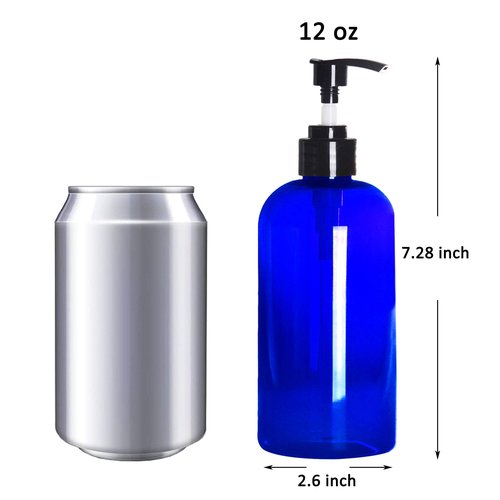 Youngever 6 Pack Blue Plastic Pump Bottles, Refillable Plastic Pump Bottles for Dispensing Lotions, Shampoos, Hand Sanitizer and More (12 Ounce)