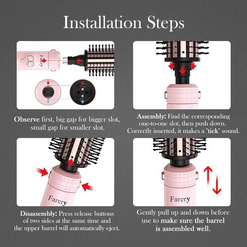 FARERY 4-in-1 Interchangeable Automatic Rotating Curling Iron & Thermal Brush Set, 0.75''/1''/1.25'' Curling Iron & 1.5'' Heating Round Curling Brush, ONE Heat 410°F, Pink