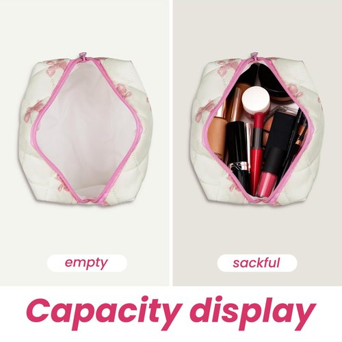 Small Makeup Bag Travel Cosmetic Bag for Women Girls, Zipper Floral Make Up Pouch, Aesthetic Organizer Bag, Quilted Cotton Makeup Bags, Portable Storage Toiletry Cloth Bag(White Pink Butterfly Flower)